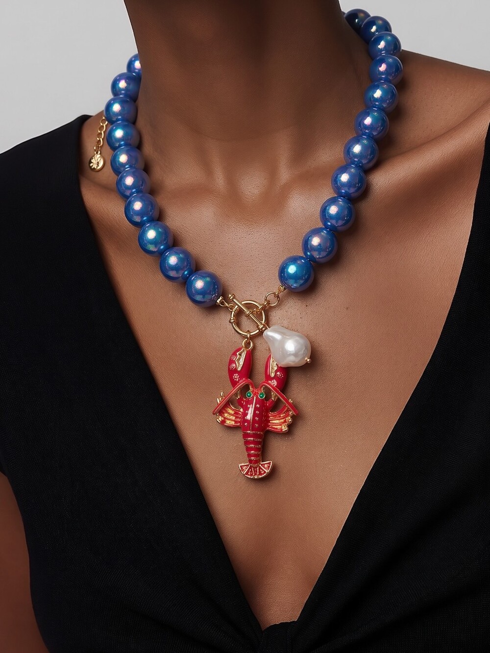 Mayamar Cobalt Beaded Necklace with Red Lobster Charm/Pearl Accent & Gift Bag
